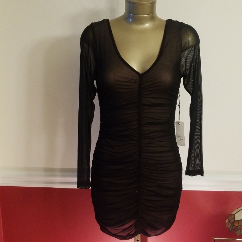 ACTIVE USA Sheer ruching black dress - S